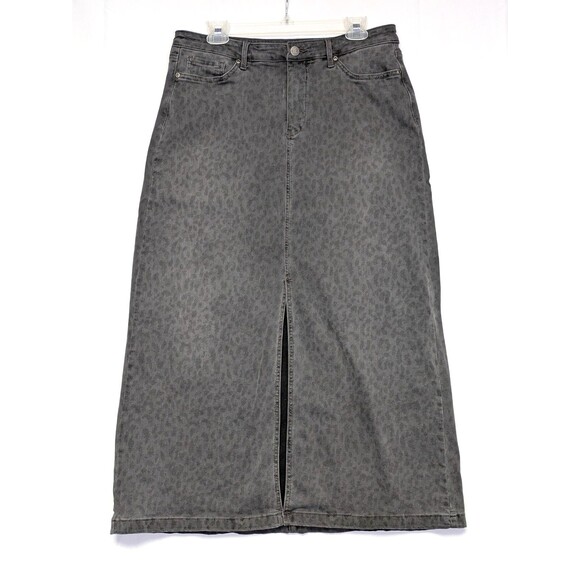 NYDJ High Rise Long Skirt Front Center Split Leopard Print Denim Gray Size 8 - Picture 1 of 8
